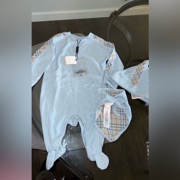 Burberry Light Blue Kids One Piece with Plaid Accents - Picture 1 of 6